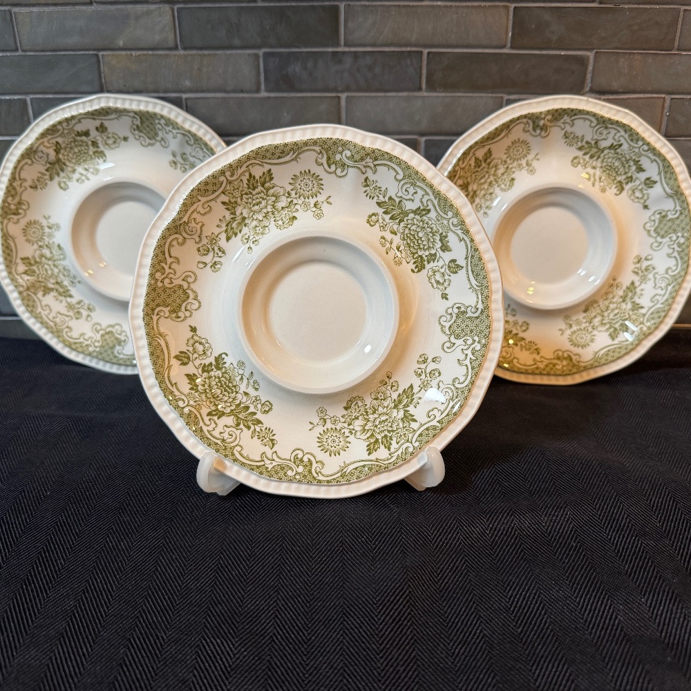 3 Vintage Kensington Staffordshire Ironstone Balmoral 1801 Teacup Saucer Green